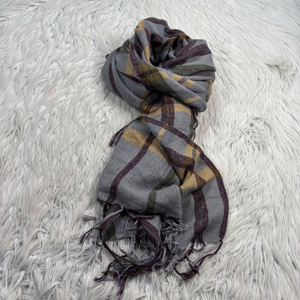 Prana Women's OS Gray Yellow Burgundy Plaid Scarf Fringe Granola Girl Cabincore